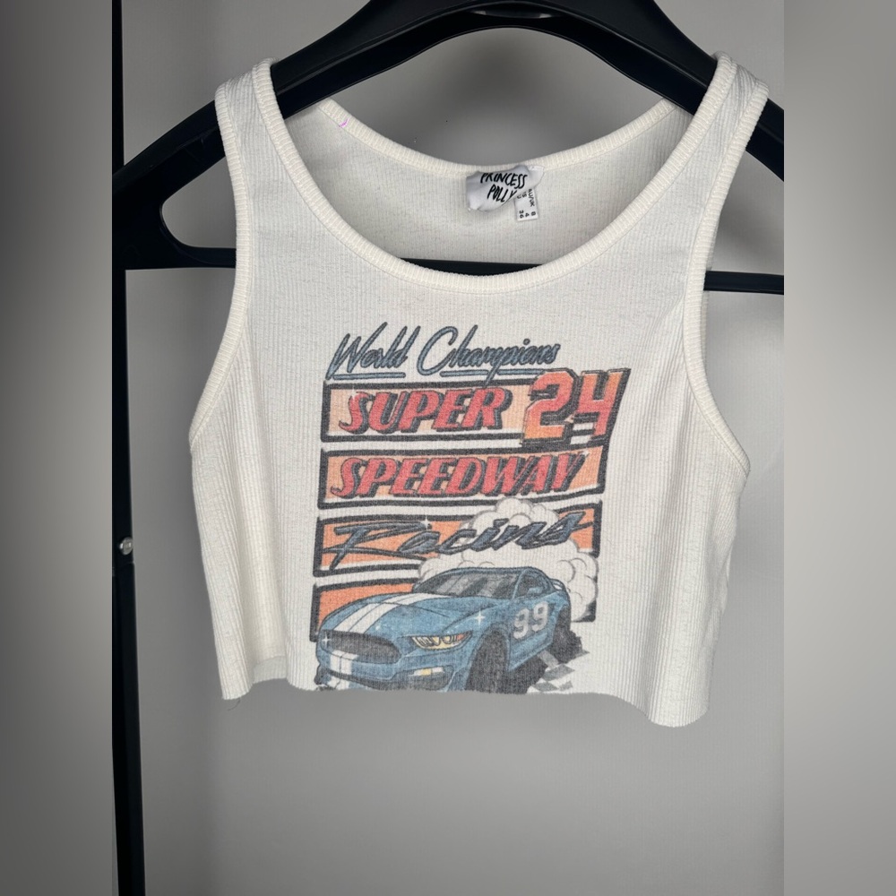 Princess Polly Racing Cropped White Ribbed Tank Top